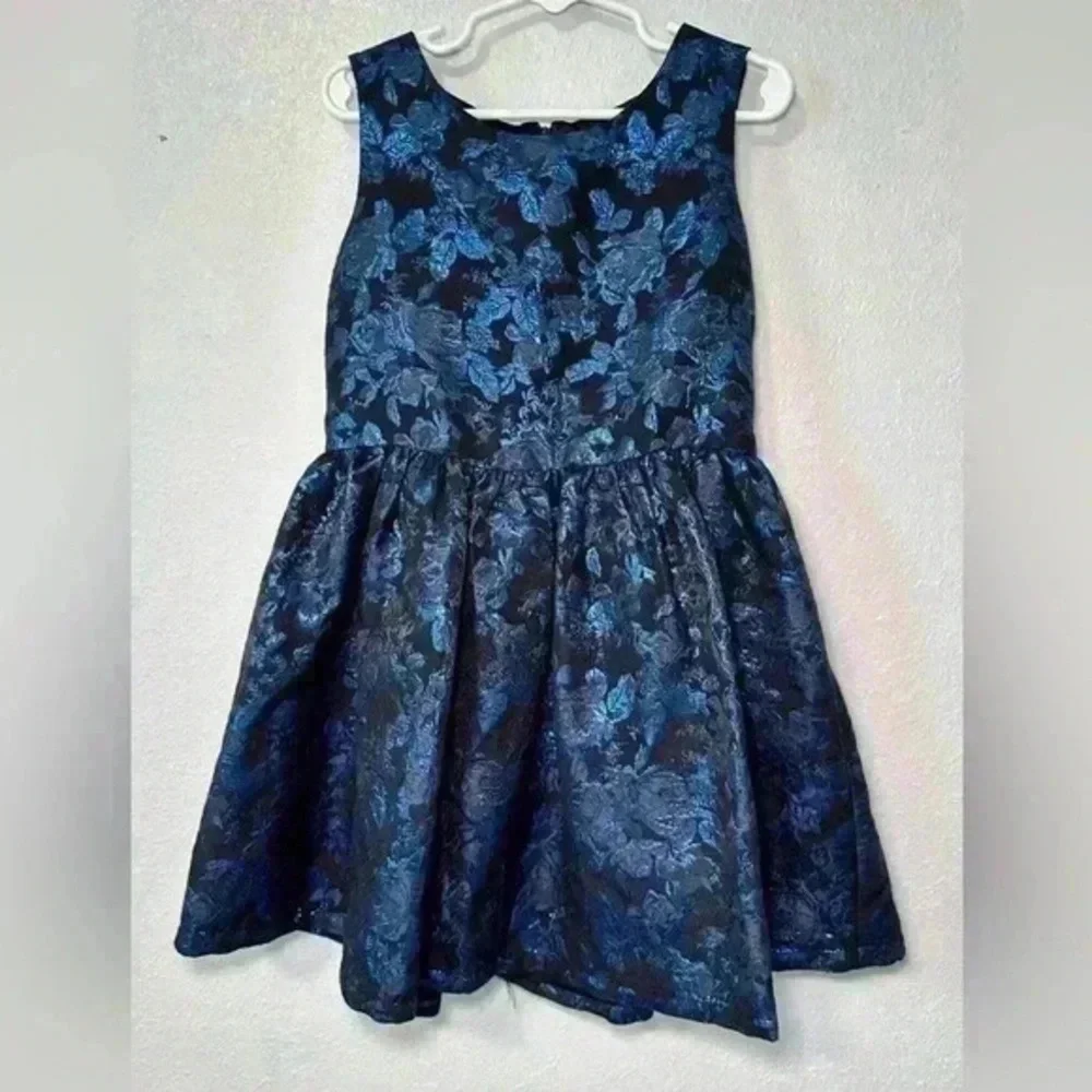 The Childrens Place Girls Dress Size 6 Blue Black Metallic Floral Jacquard Party